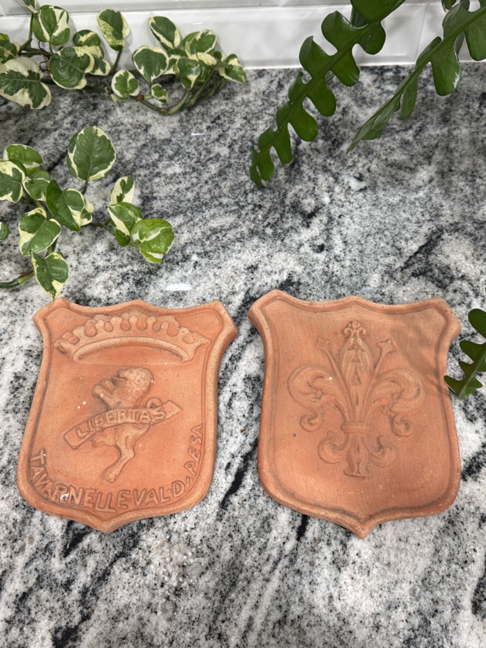 Artist Signed Terracotta Shield Wall Plaques - Set of 2